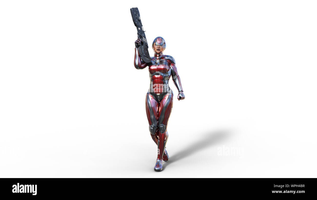 Futuristische android Soldat Frau in bulletproof Rüstung, Militär Cyborg Girl bewaffnet mit sci-fi Gewehr Pistole Wandern auf weißem Hintergrund, 3D-Rendering Stockfoto