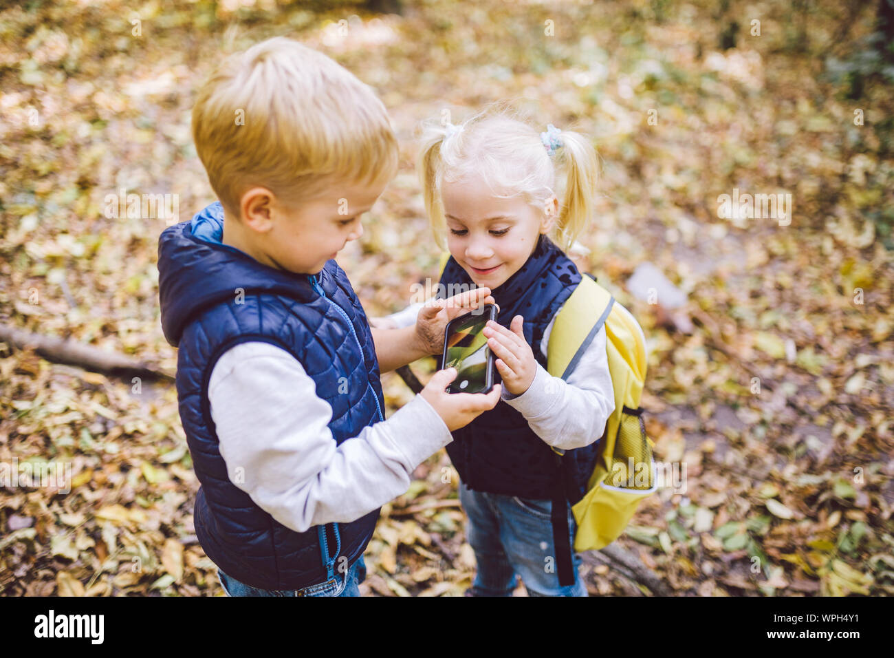 Kinder im Vorschulalter kaukasischen Bruder und Schwester Bilder von einander auf Handy Kamera in Forest Park Herbst. Thema der Hobby- und Aktiv Stockfoto
