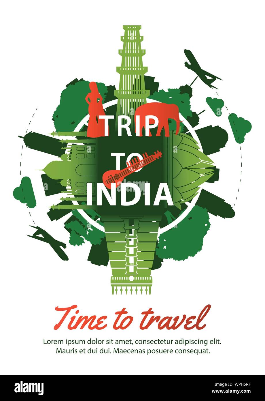 Indien Wahrzeichen Silhouette Style rund um Text, grüne und rote Farbe, Design, Reise und Tourismus, Vektor, Abbildung Stock Vektor