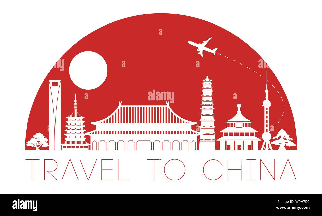 China Wahrzeichen Silhouette und Kuppel mit roter Farbe Stil, Willkommen bei China, Reise und Tourismus, Vector Illustration Stock Vektor