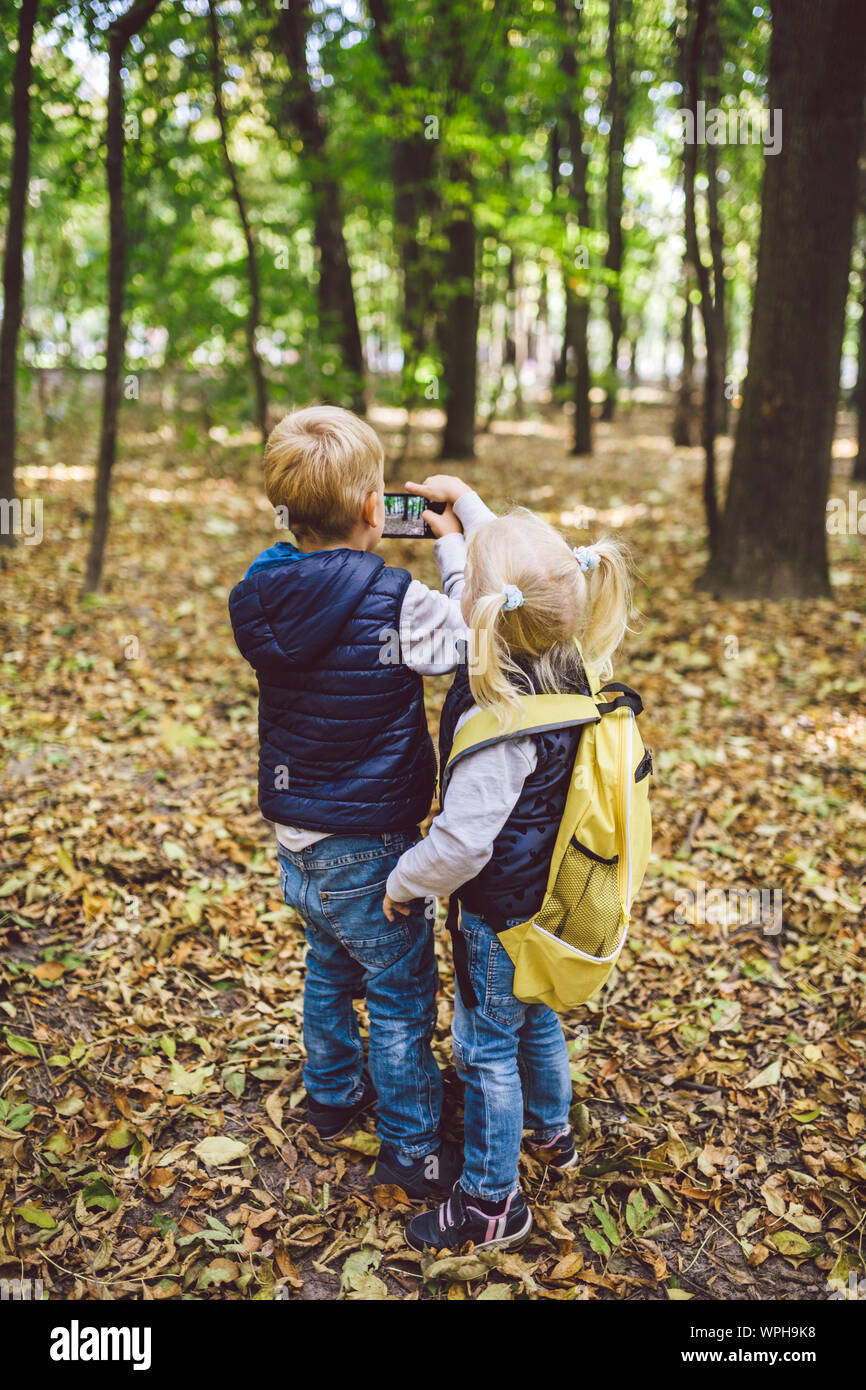 Kinder im Vorschulalter kaukasischen Bruder und Schwester Bilder von einander auf Handy Kamera in Forest Park Herbst. Thema der Hobby- und Aktiv Stockfoto