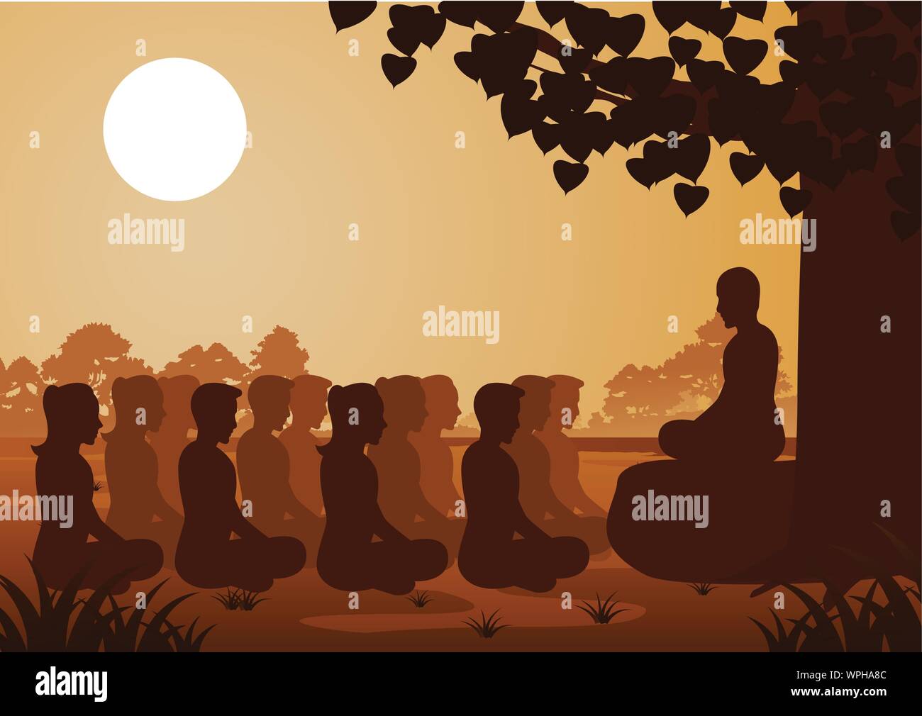 Buddhistische Frauen und Männer zahlen Zug Meditation mit Mönch zu Ruhe kommen und aus der unter dem Baum leiden, Silhouette Style Vector Illustration Stock Vektor