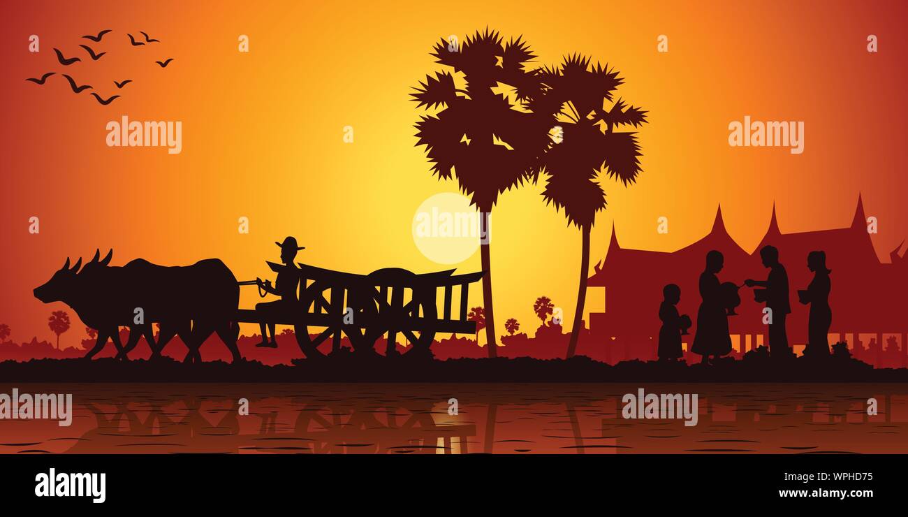 Leben auf dem Land in Asien Landwirt ride Warenkorb zu gehen, die Arbeit zu tun, während Mönch Essen auf Sonnenaufgang erhalten, silhouette Stil, Vektor, Abbildung Stock Vektor