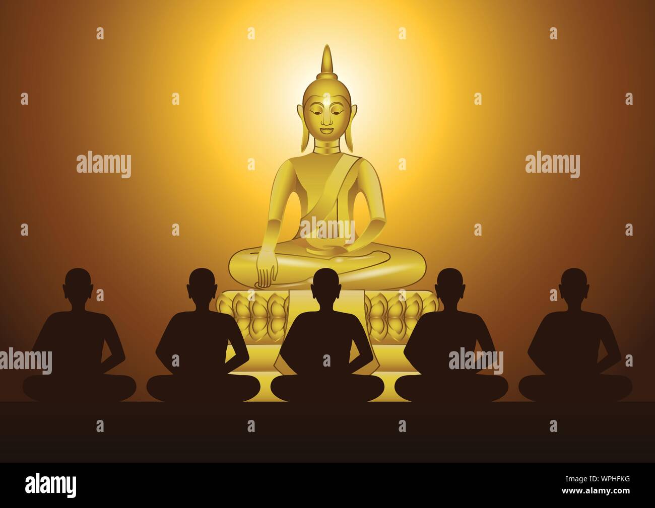 Mönch Meditation vor der Skulptur von Buddha Verstand zu schulen und zu leiden, in der Kirche der Tempel mit Glauben, Vector Illustration. Stock Vektor