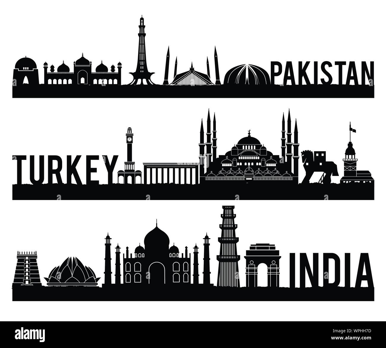 Pakistan Türkei Indien Wahrzeichen silhouette Stil mit schwarzen und weißen Classic Farbe Design gehören nach Ländernamen, Vector Illustration Stock Vektor