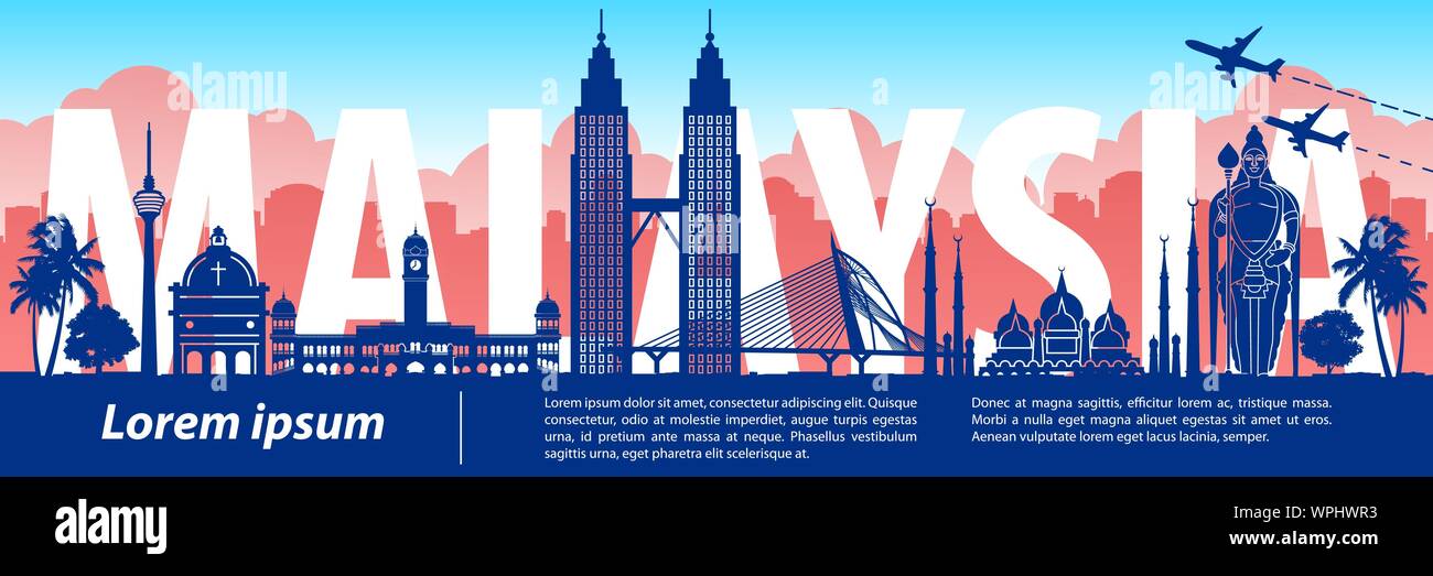 Süße und schöne Malaysia Wahrzeichen silhouette Stil, Text innerhalb, Vector Illustration, Nationalflagge Thema Farbe Stock Vektor