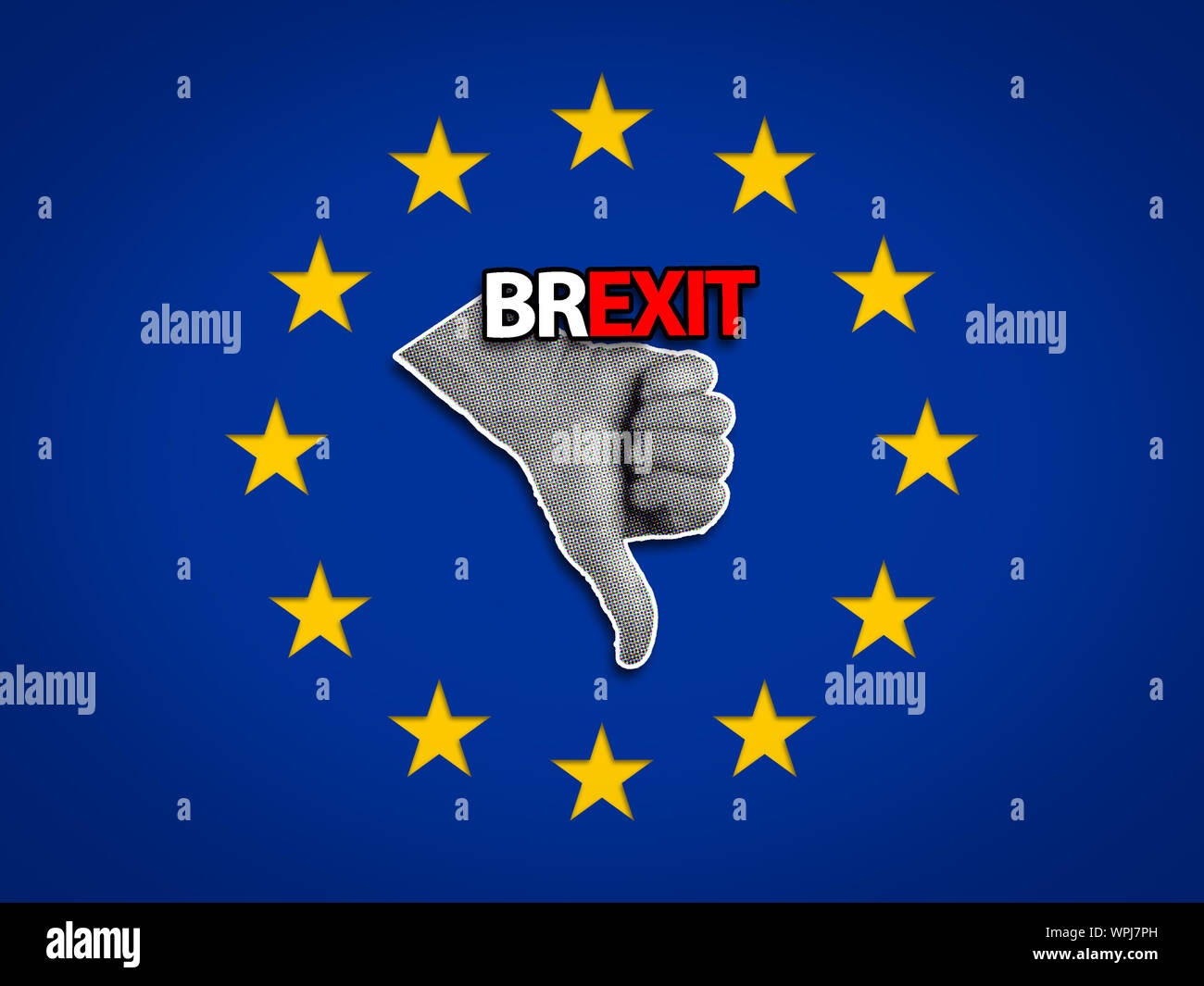 Nicht magst oder Daumen unten Geste innerhalb einer EU-Flagge, Brexit Konzept. Stockfoto