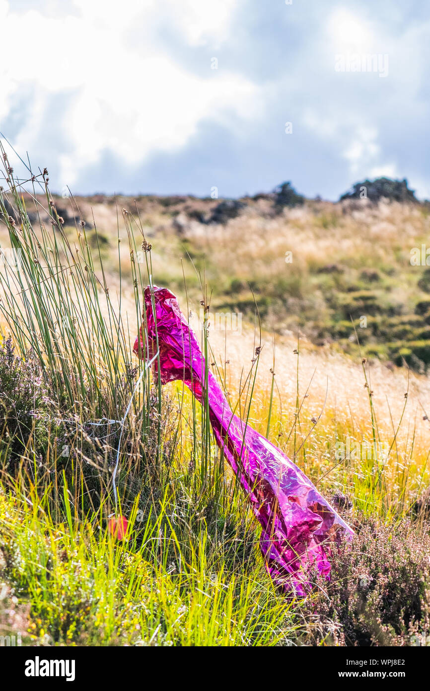 Party Ballons littering ein Hang im Peak District National Park, Großbritannien Stockfoto