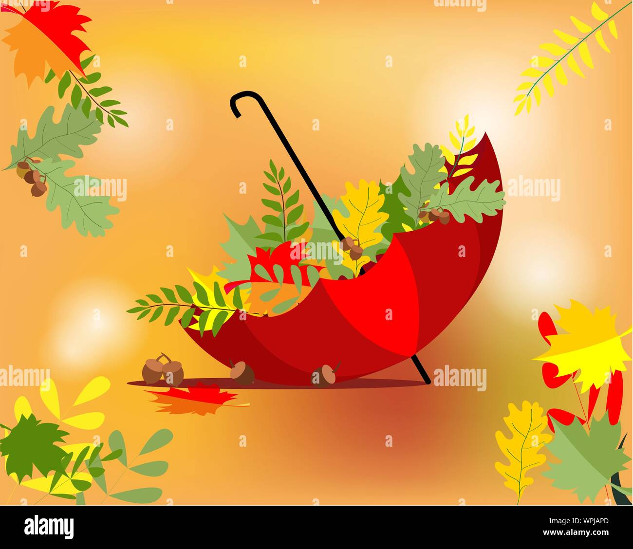 Herbst. Helle Regenschirm mit Herbst Laub gefüllt Invertiert. Aquarell Hintergrund. Vector Illustration Stock Vektor