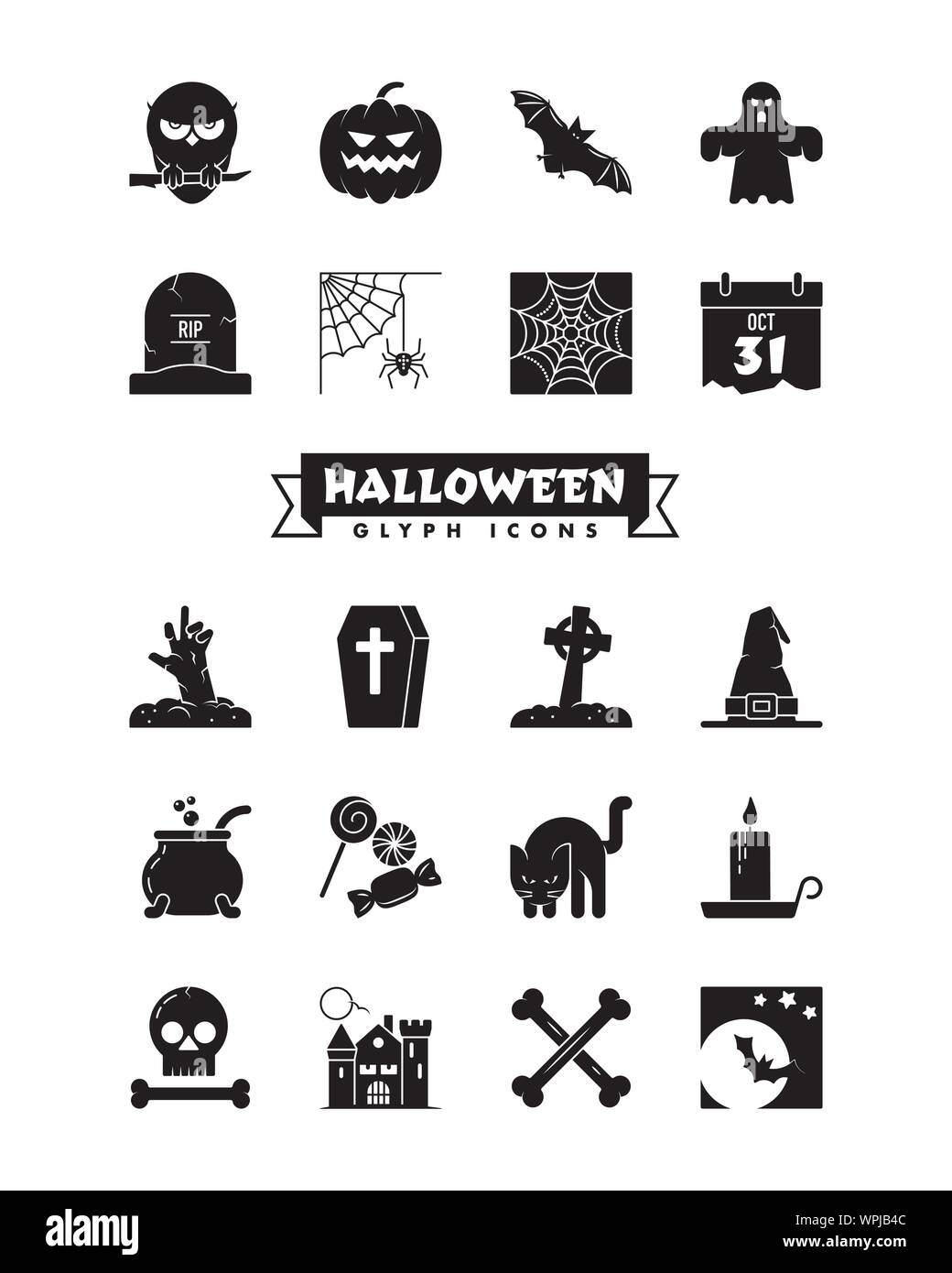 Set mit 20 Halloween Urlaub Symbole. Sammlung von festen Schwarzen creepy Symbole. Stock Vektor