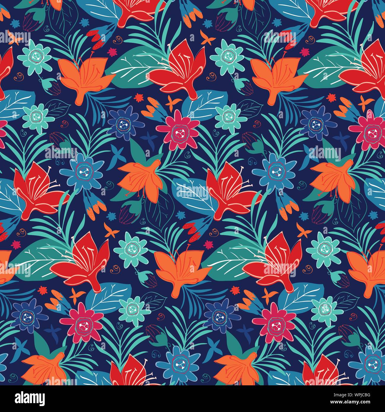 Hand gezeichnet Flachbild exotische Blumen in Nahtlose Vektor Muster auf marine blau Hintergrund Stock Vektor