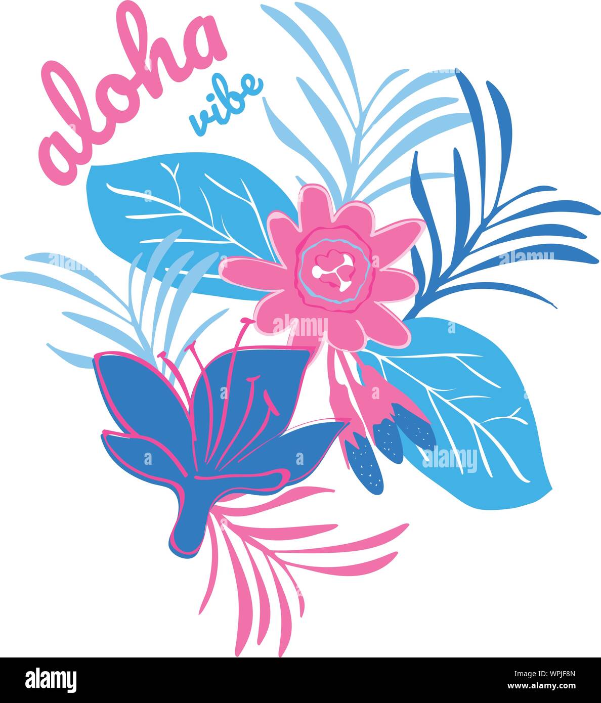 Aloha Vibe Aufkleber mit flachen, tropischen Blumen und Blätter Stock Vektor