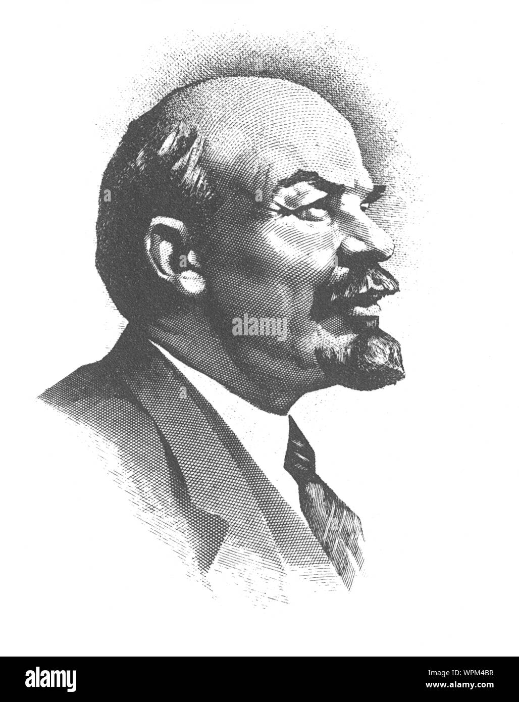 Portrait von W.I. Lenin die Hälfte Gesicht isoliert auf weißem, Tiefdruck von A. Pavlov aus dem Bild von S. Wassiljew. Postkarte 1984, UDSSR Stockfoto