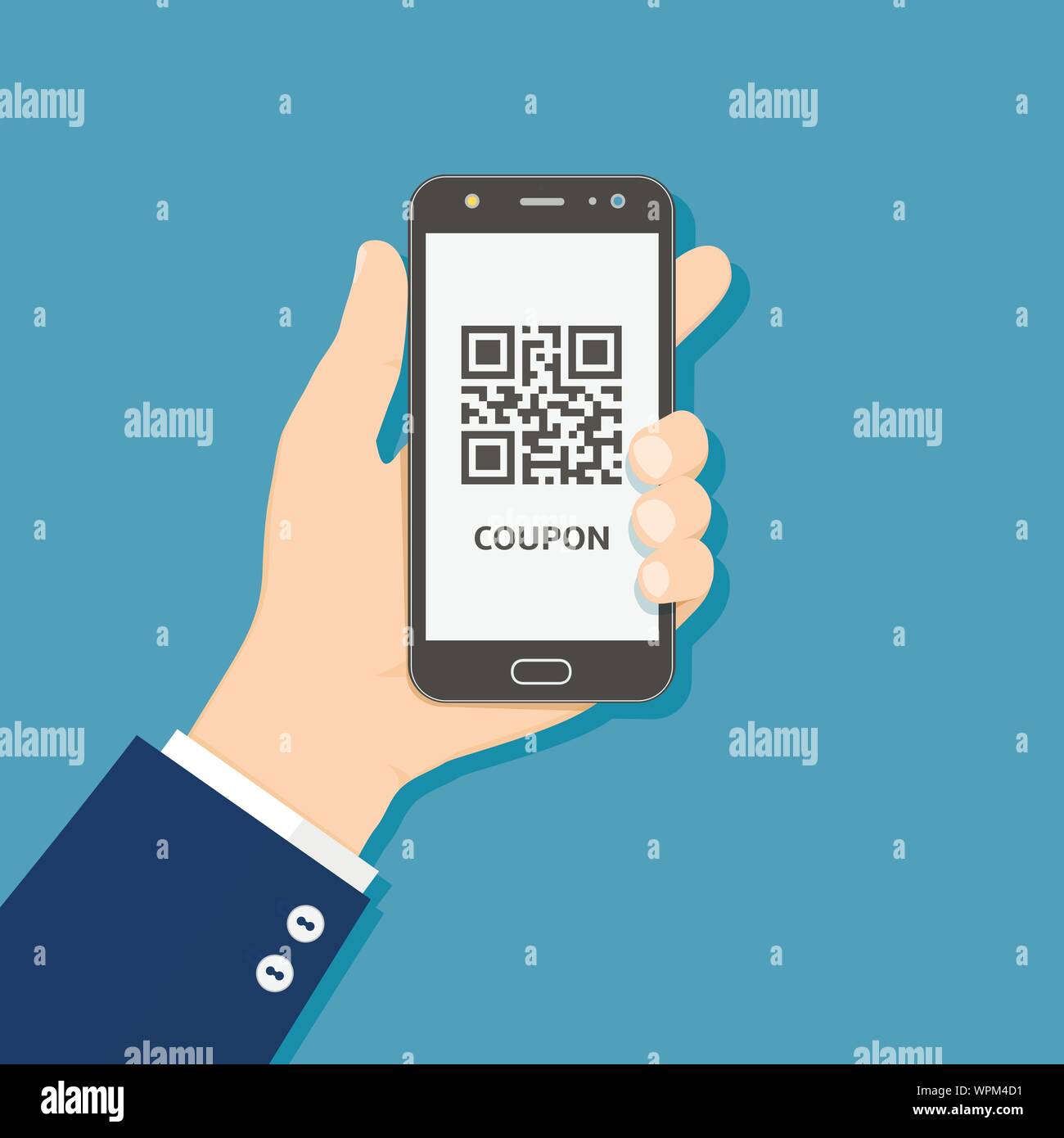 Hand halten, smart phone mit Coupon QR-Code auf dem Bildschirm, Abbildung Stock Vektor