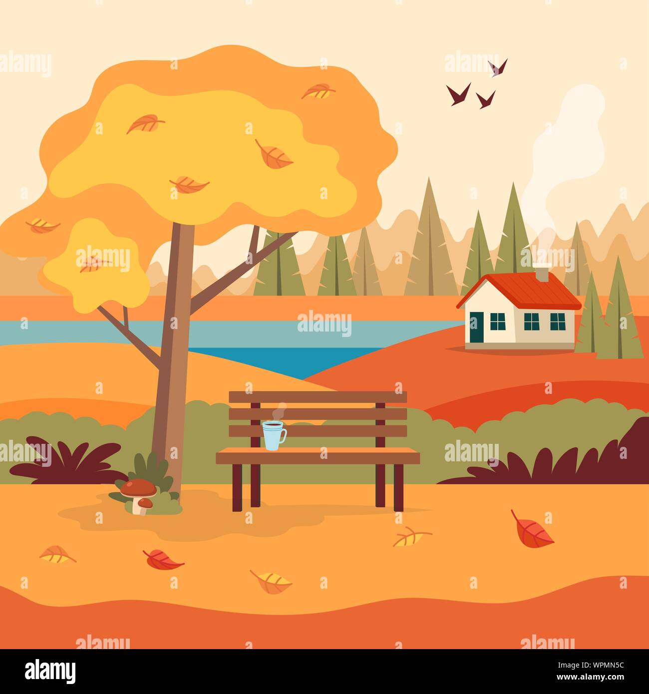Herbst Landschaft ländliche Szene mit niedlichen Sitzbank, Kaffeetasse, gelb Baum, nettes Haus, gelbe Felder und Natur. Vector Illustration im flachen Stil Stock Vektor