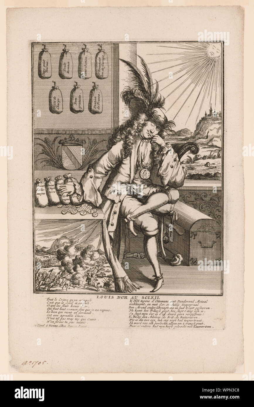 Louis d'Or au Soleil Abstract: Drucken zeigt Louis XIV, die an einem Tisch, Kopf auf seinen linken Ellenbogen, die auf seinem linken Knie ruht; er schläft, obwohl seine rechte Hand auf Geld beutel liegen auf dem Tisch mit ein paar lose Münzen liegt. Er trägt einen Louis d'Or Medaille und einem großen, gefiederten Hut. Eine Schlacht Szene wird auf das Gewebe, das aus der Tabelle hängt, möglicherweise die Schlacht von Höchstädt dargestellt. Scheint die Sonne durch ein Fenster hinter ihm, als auch an einem Mann Schwimmen auf einem Fluss im Hintergrund. Es gibt eine große Brust, die auf dem Boden des Rechts unten. Stockfoto Louis d'Or au Soleil Abstract: Drucken zeigt Louis XIV, die an einem Tisch, Kopf auf seinen linken Ellenbogen, die auf seinem linken Knie ruht; er schläft, obwohl seine rechte Hand auf Geld beutel liegen auf dem Tisch mit ein paar lose Münzen liegt. Er trägt einen Louis d'Or Medaille und einem großen, gefiederten Hut. Eine Schlacht Szene wird auf das Gewebe, das aus der Tabelle hängt, möglicherweise die Schlacht von Höchstädt dargestellt. Scheint die Sonne durch ein Fenster hinter ihm, als auch an einem Mann Schwimmen auf einem Fluss im Hintergrund. Es gibt eine große Brust, die auf dem Boden des Rechts unten. Stockfoto