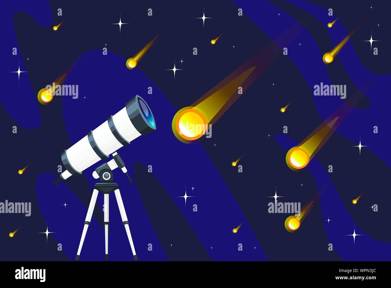 Weiß Teleskop und Sternschnuppen am nächtlichen Himmel Hintergrund flachbild Vektor-illustration sternenregen Design horizontale Banner. Stock Vektor
