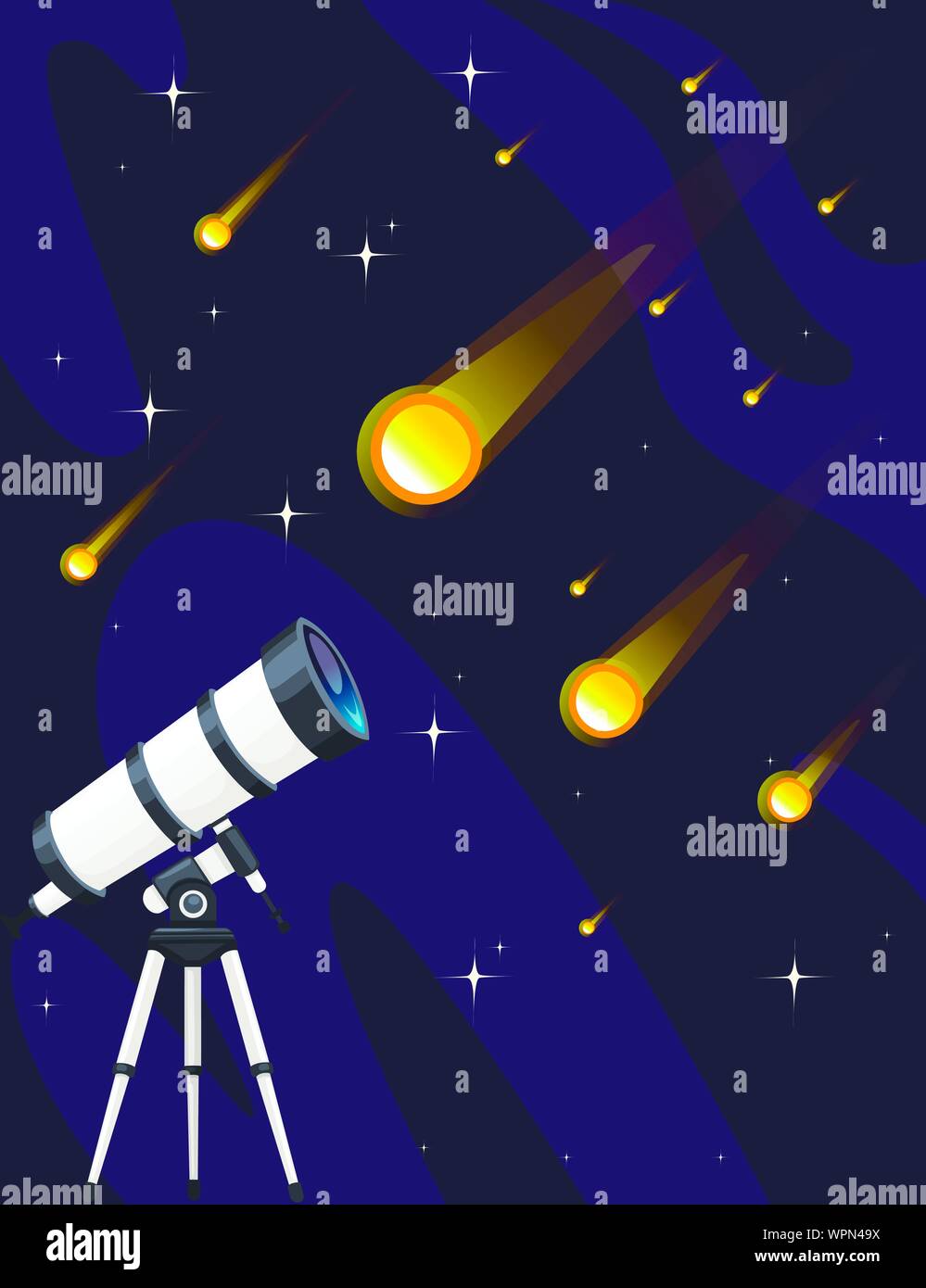 Weiß Teleskop und Sternschnuppen am nächtlichen Himmel Hintergrund flachbild Vektor-illustration sternenregen Design vertikale Banner. Stock Vektor