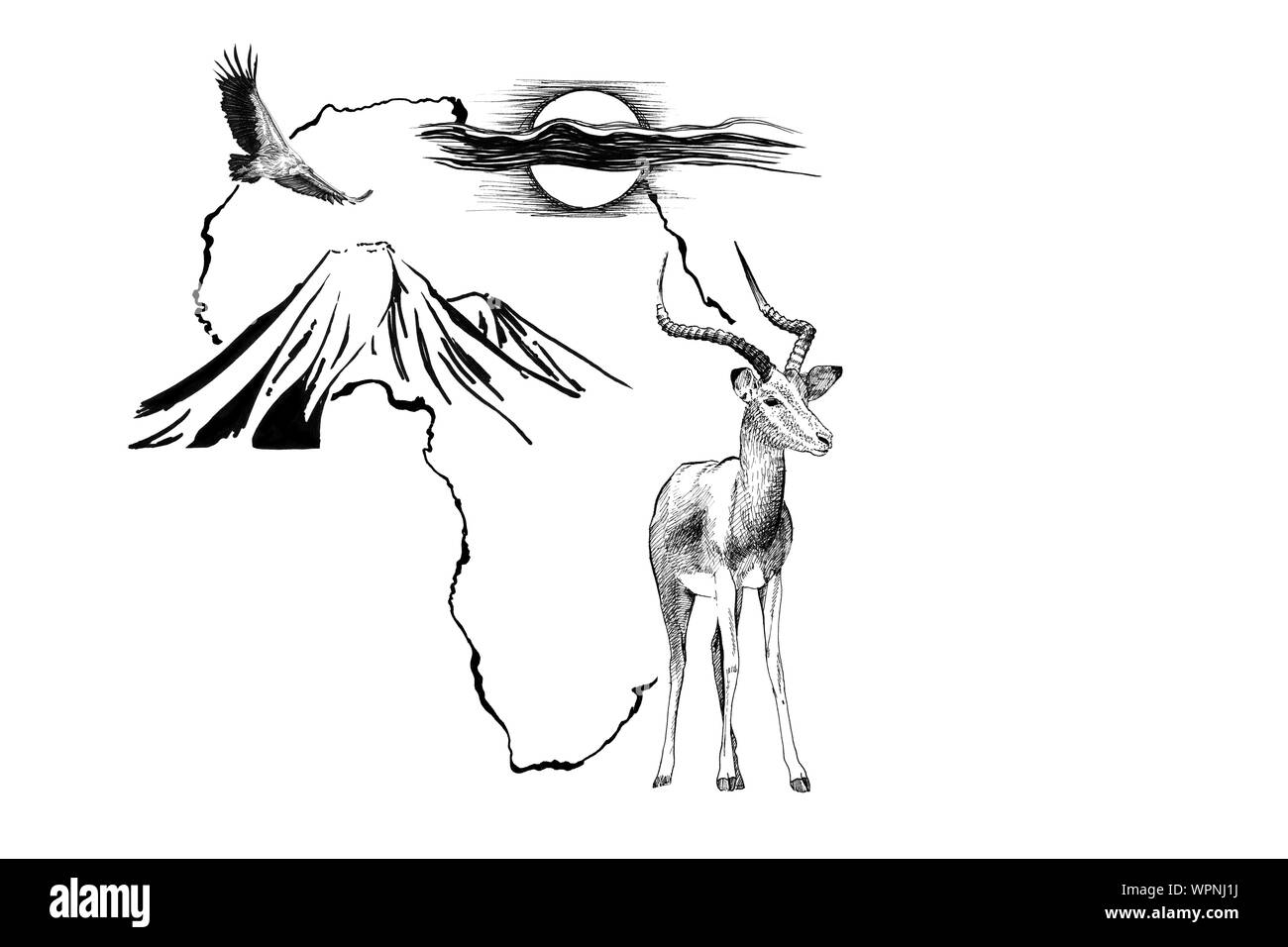 Tier auf Afrika Karte Hintergrund mit Kilimanjaro Mountain, Geier und Sonne. Sammlung von Hand Illustrationen gezeichnet (Originale, keine tastung) Stockfoto