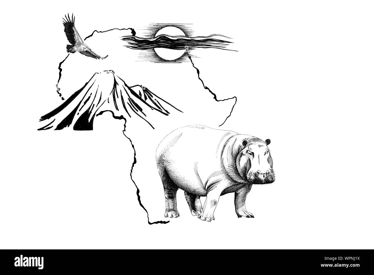 Hippo auf Afrika Karte Hintergrund mit Kilimanjaro Mountain, Geier und Sonne. Sammlung von Hand Illustrationen gezeichnet (Originale, keine tastung) Stockfoto