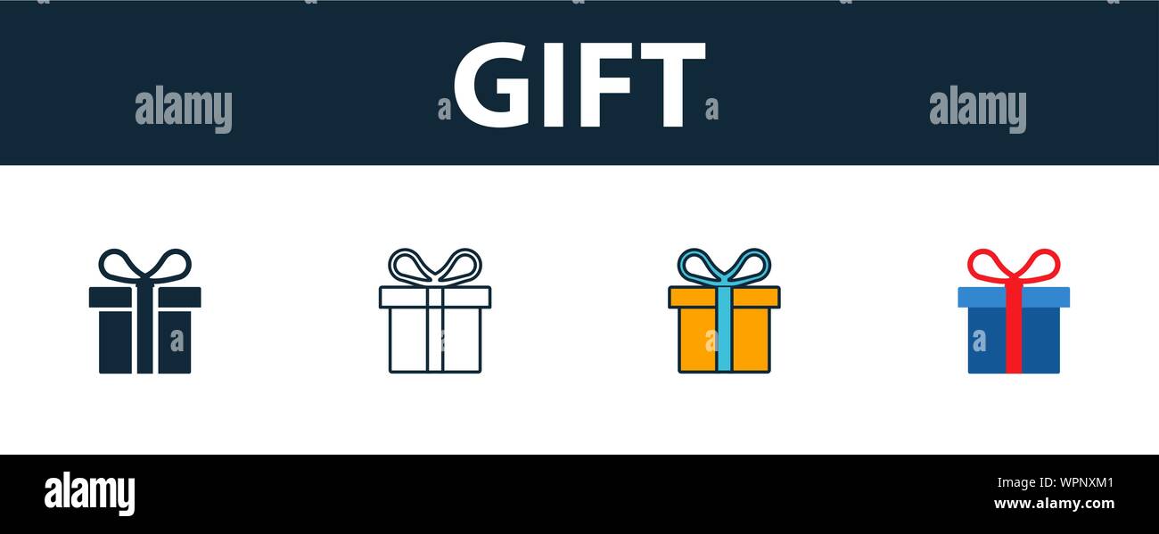 Geschenk Icon Set. Vier Elemente in verschiedenen Stilen aus Partei Symbol Symbole Sammlung. Kreative Geschenk Icons, Outline, Farben und Symbole Stock Vektor