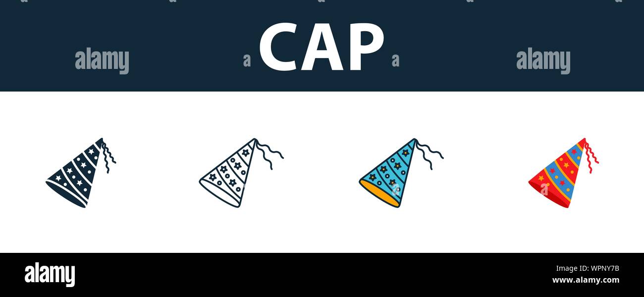 Cap Icon Set. Vier Elemente in verschiedenen Stilen aus Partei Symbol Symbole Sammlung. Kreative Kappe Icons, Outline, Farben und Symbole Stock Vektor