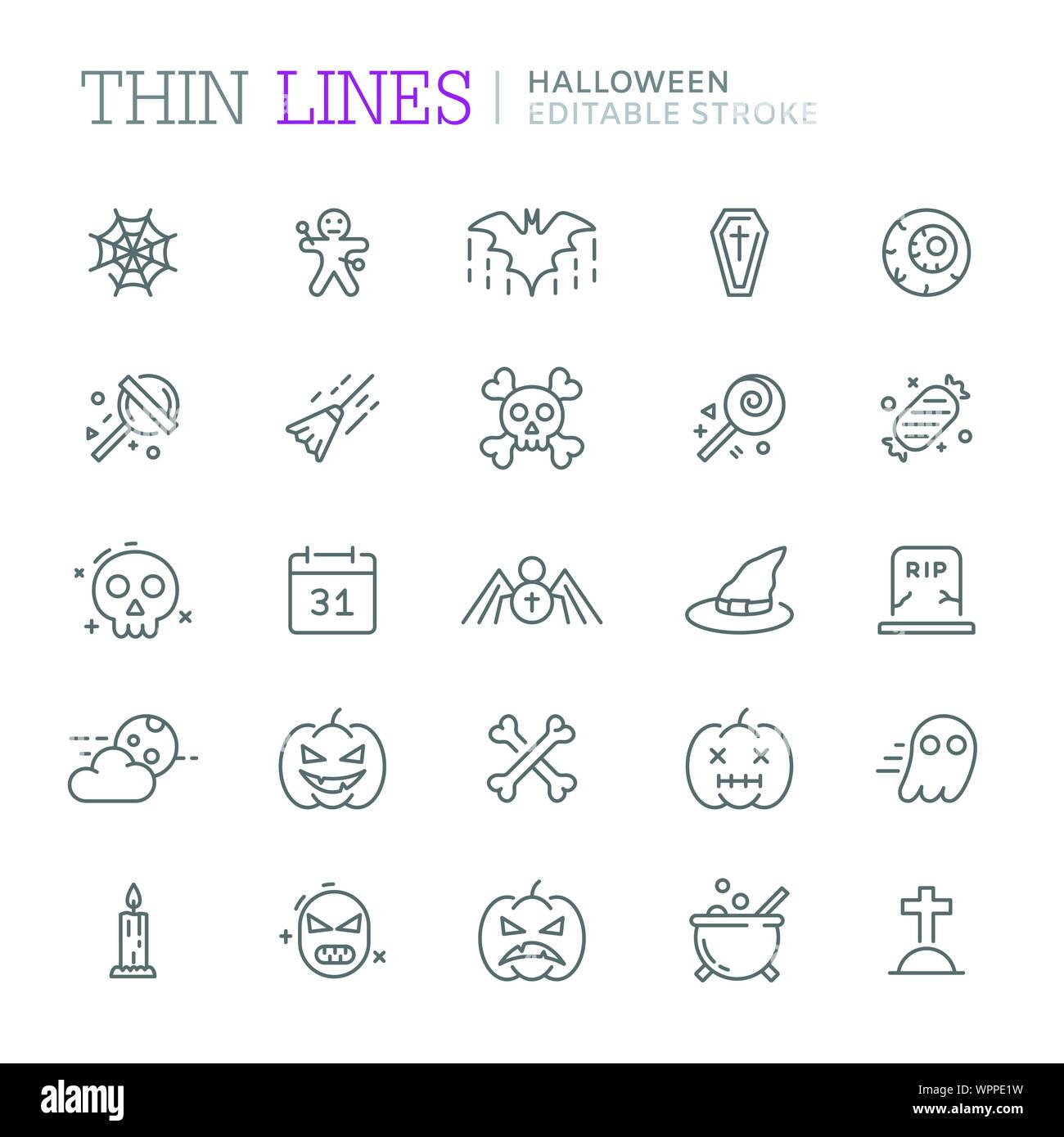 Sammlung von Halloween in Verbindung stehende Zeile für Symbole. Editierbare Anschlag Stock Vektor