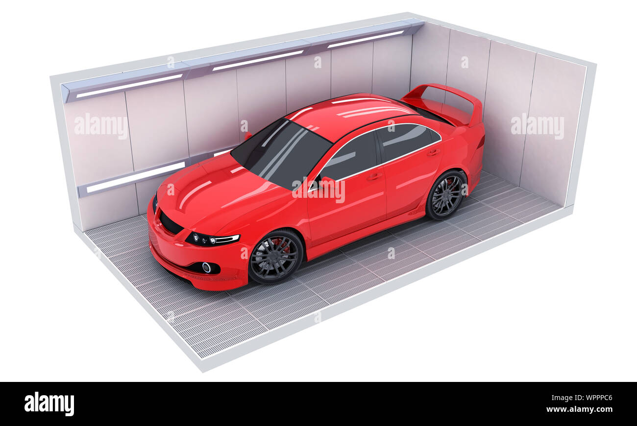 Rotes Auto in der Garage, Sicht von oben. 3D-Darstellung Stockfoto