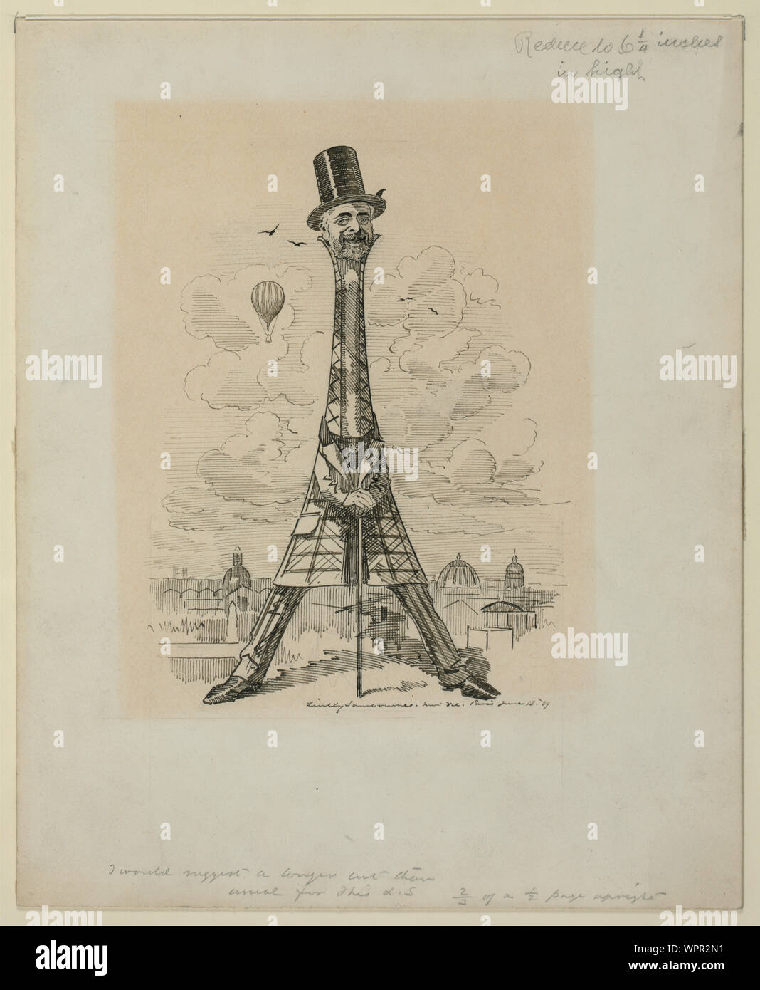 M. in der Eiffel, unserer Künstler Neueste tour de force, 29. Juni 1889 ; Karikatur von Gustav Eiffel in Form der Eiffelturm, die er für die Exposition Universelle in Paris im Jahr 1889 erbaut. Ein Ballon ist im Hintergrund. (Quelle: A.G. Renstrom, LC-Personal, 1981-82); Stockfoto