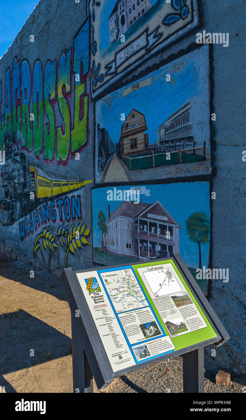 Washington, Palouse Region Scenic Byway Informationen Zeichen, La Crosse, Downtown Stockfoto
