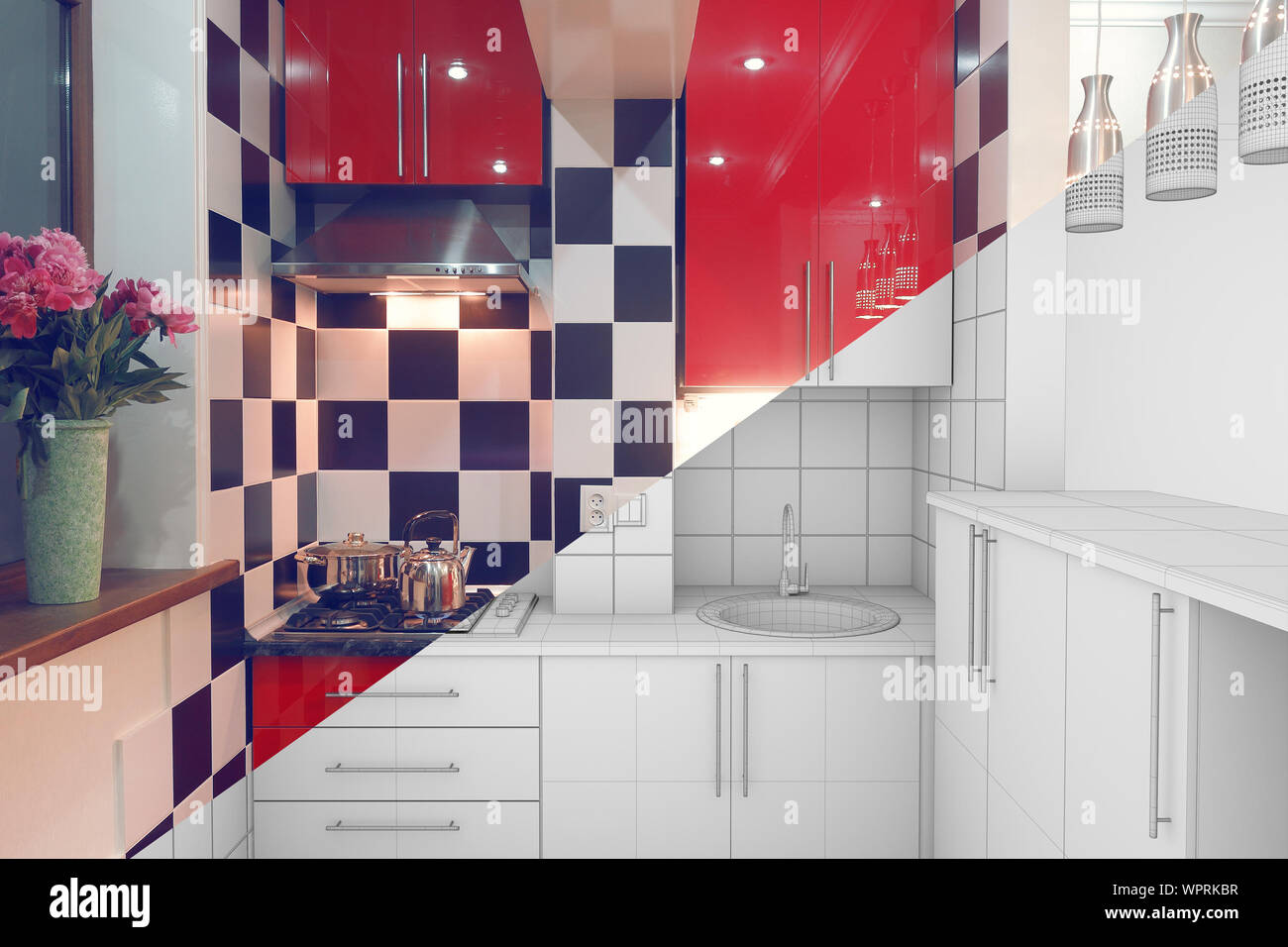 Modernes Interieur von kleinen roten Küche halb fertig, halb 3D-Illustration clay Render Stockfoto