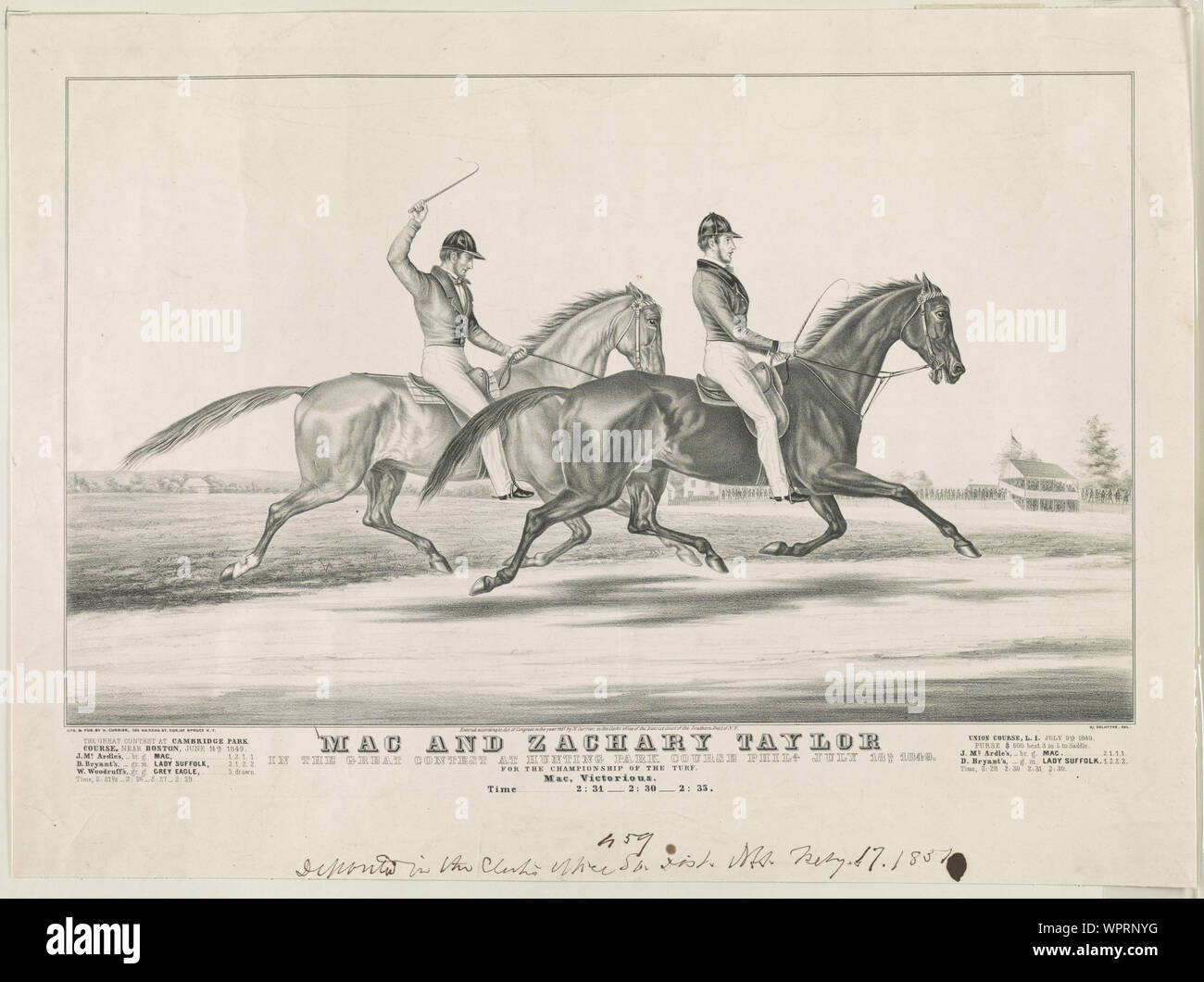 Mac und Zachary Taylor: In dem großen Wettbewerb an der Jagd Park Kurs Phila. 18. Juli 1849. Für die Meisterschaft der Rasen. Mac, siegreich. Zeit 2:31 - 3:30 - 2:35 Stockfoto Mac und Zachary Taylor: In dem großen Wettbewerb an der Jagd Park Kurs Phila. 18. Juli 1849. Für die Meisterschaft der Rasen. Mac, siegreich. Zeit 2:31 - 3:30 - 2:35 Stockfoto