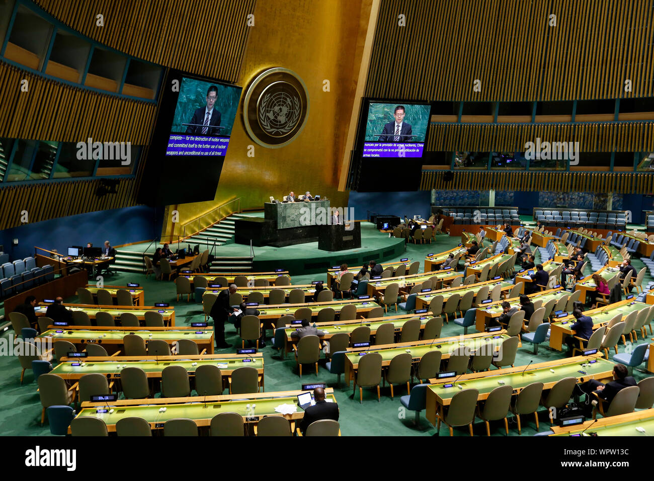 Vereinten Nationen. 9 Sep, 2019. Foto auf Sept. 9, 2019 zeigt eine Sitzung, um den internationalen Tag gegen Atomtests im UN-Hauptquartier in New York zu gedenken. Generalsekretär der Vereinten Nationen, Antonio Guterres forderte alle Länder zu unterzeichnen und zu ratifizieren den Vertrag über das umfassende Verbot von Nuklearversuchen (CTBT), beim Aufruf von Atomtests im 21. Jahrhundert ist einfach nicht akzeptabel." Quelle: Li Muzi/Xinhua/Alamy leben Nachrichten Stockfoto