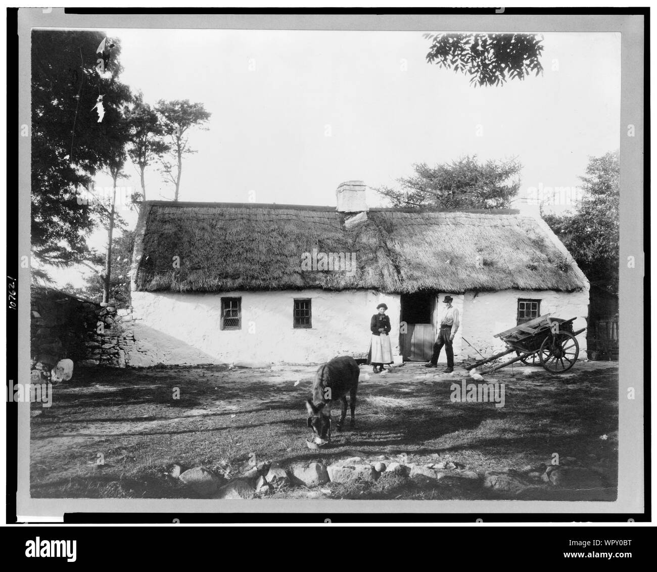 Mann, Frau, Esel, und Wagen, vor dem Haus, Irland Stockfoto