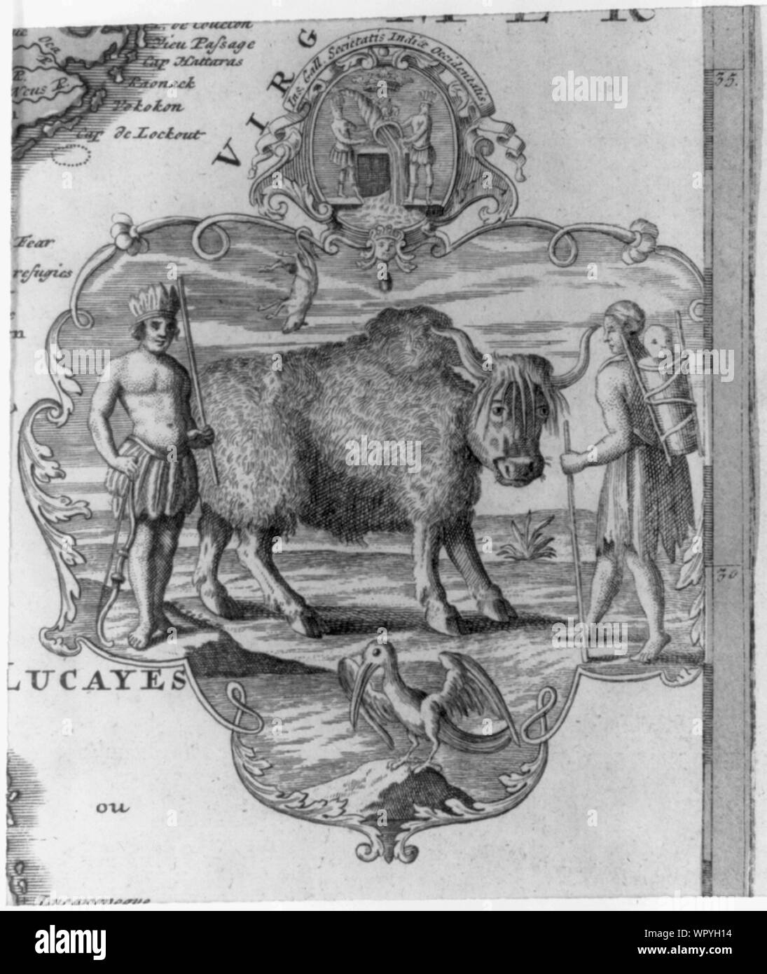 Karte ornament zeigt eine einheimische Familie und einem großen Bison, ein Pelikan thront auf einem Felsen unten und oben, zwei Einheimische Wasser aus einem Füllhorn ausgießen, ein Opossum durch seinen Schwanz hängt von der Grenze 2004673415 Stockfoto