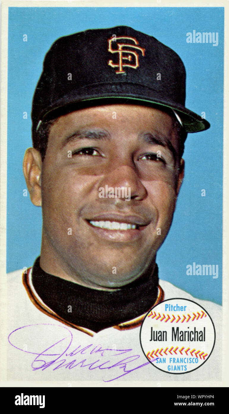 Handsignierte 1960 der era Baseball card von Halle des Ruhmes Krug Juan Marichal mit den San Francisco Giants. Stockfoto