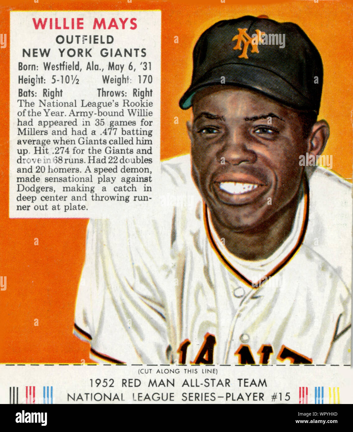 1950s Era Red Man Tabak Karte der Hall of Fame Spieler Willie Mays mit