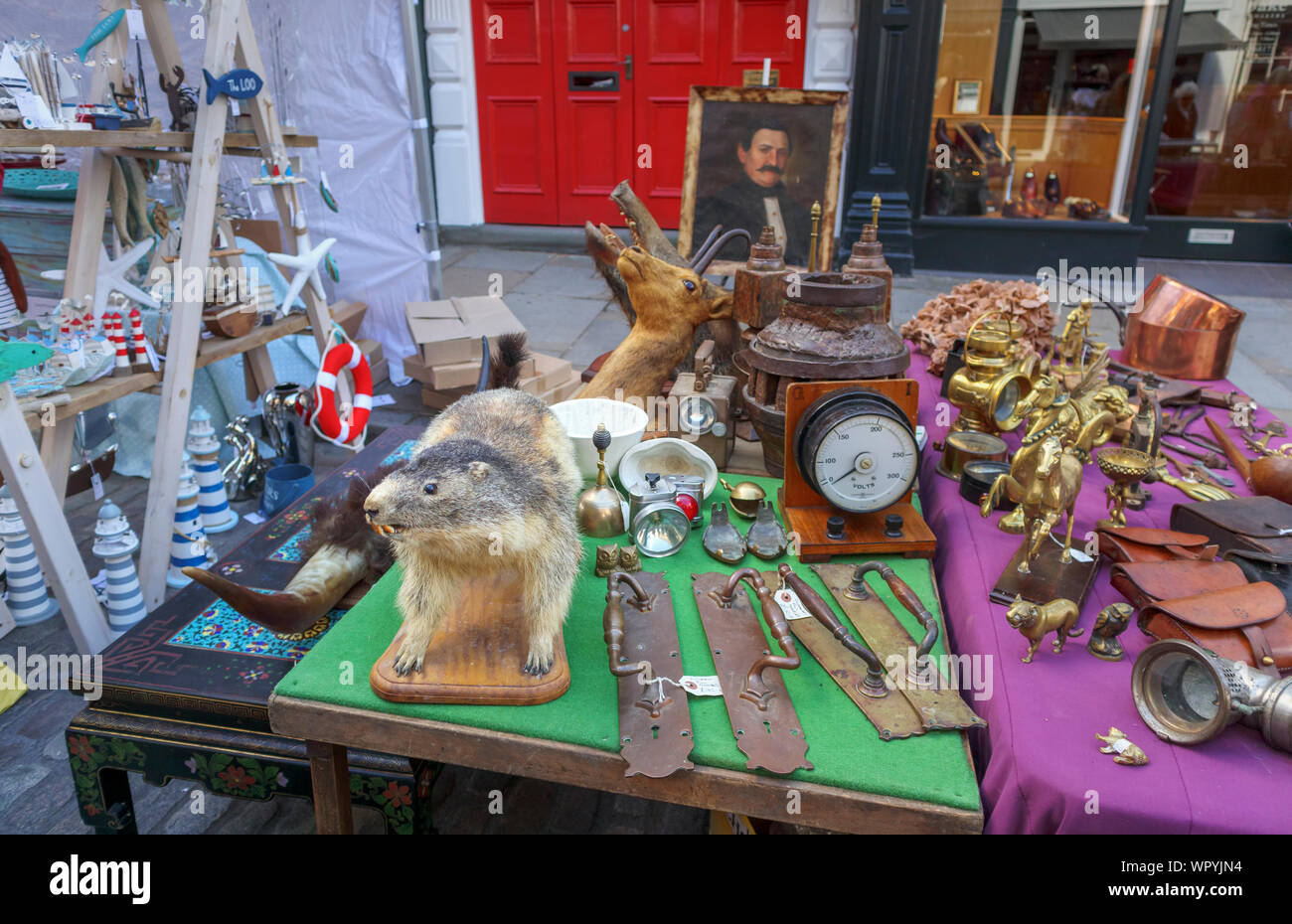 Abschaltdruck Verkauf emphemera und ein Stofftier in Guildford Antike & Brocante Street Market, High Street, Guildford, Surrey, Südosten, England, Grossbritannien Stockfoto