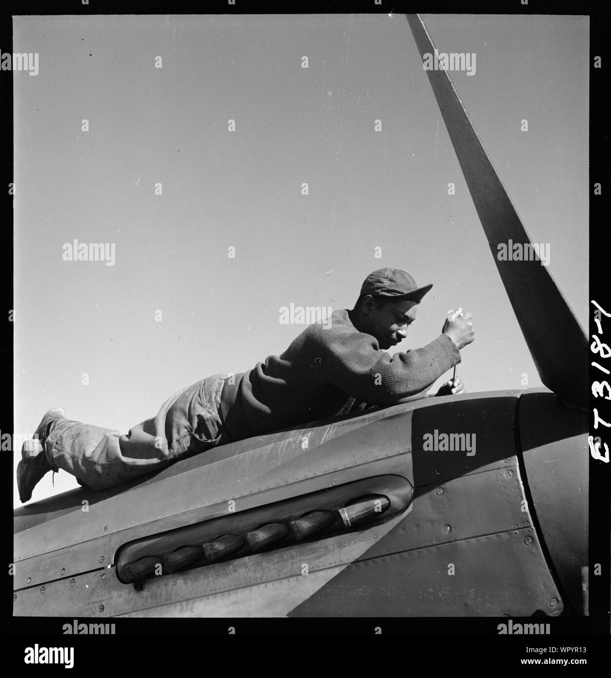 [Crew Chief Marcellus G. Smith, Louisville, KY, 100 F.S., Ramitelli, Italien, März 1945]; Foto zeigt Mannschaft Leiter Marcellus G. Smith von Louisville, Kentucky, 100 F.S., arbeiten in einem Flugzeug. (Quelle: Tuskegee Airmen 332 Fighter Group Piloten.); Stockfoto