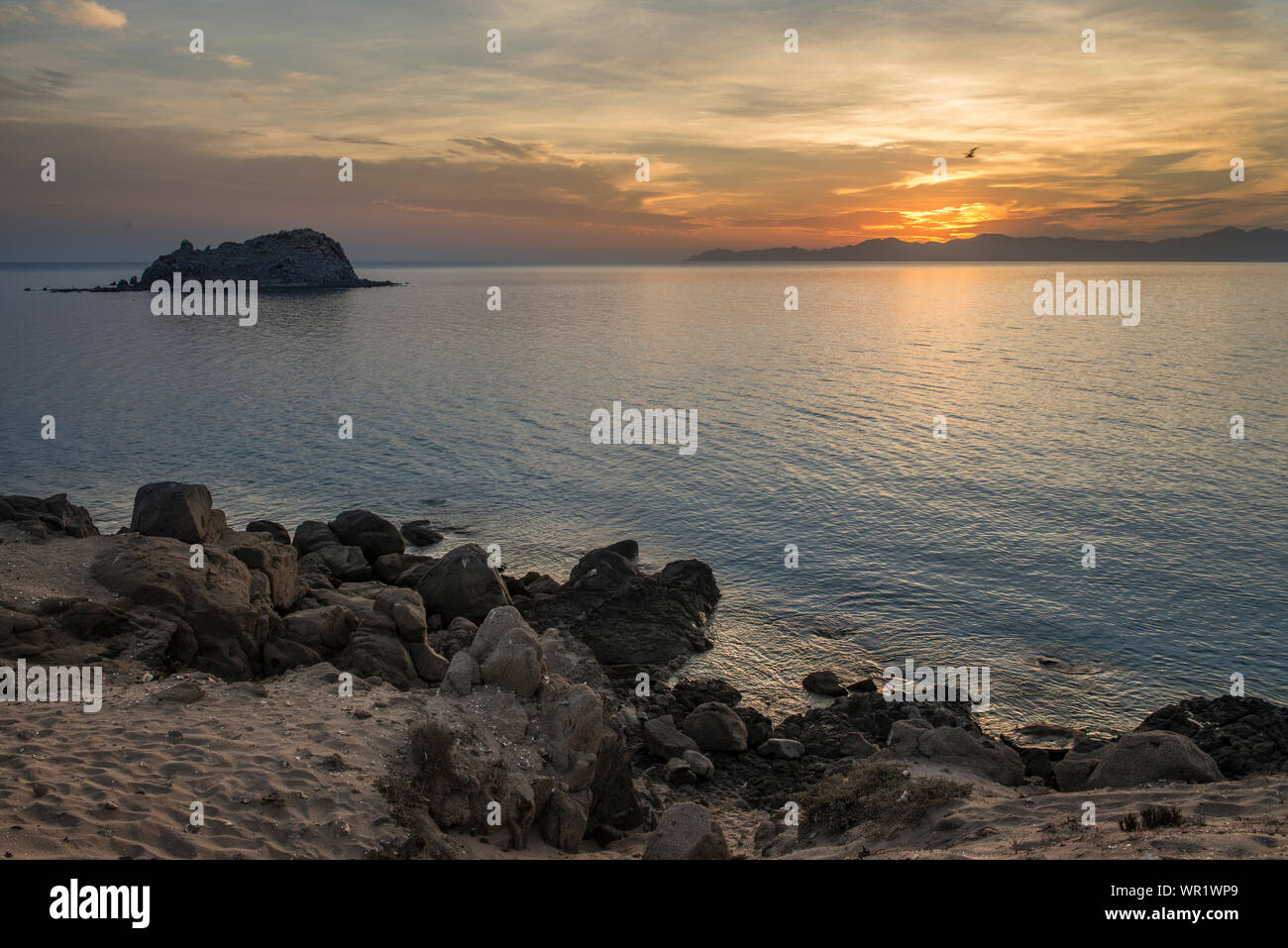 Sonnenaufgang in EL SALTITO STRAND, Infornt von Cerralvo Insel, La Paz Baja California Sur, Meer von Cortes. Mexiko Stockfoto