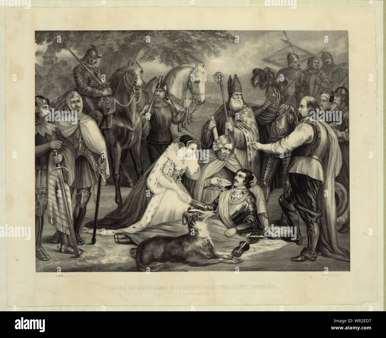 Maria von Schottland Trauer über den sterbenden Douglas in der Schlacht von Langside, 1568/bemalt von F. Hartwich. Zusammenfassung: 1 drucken: Lithographie.; Stockfoto