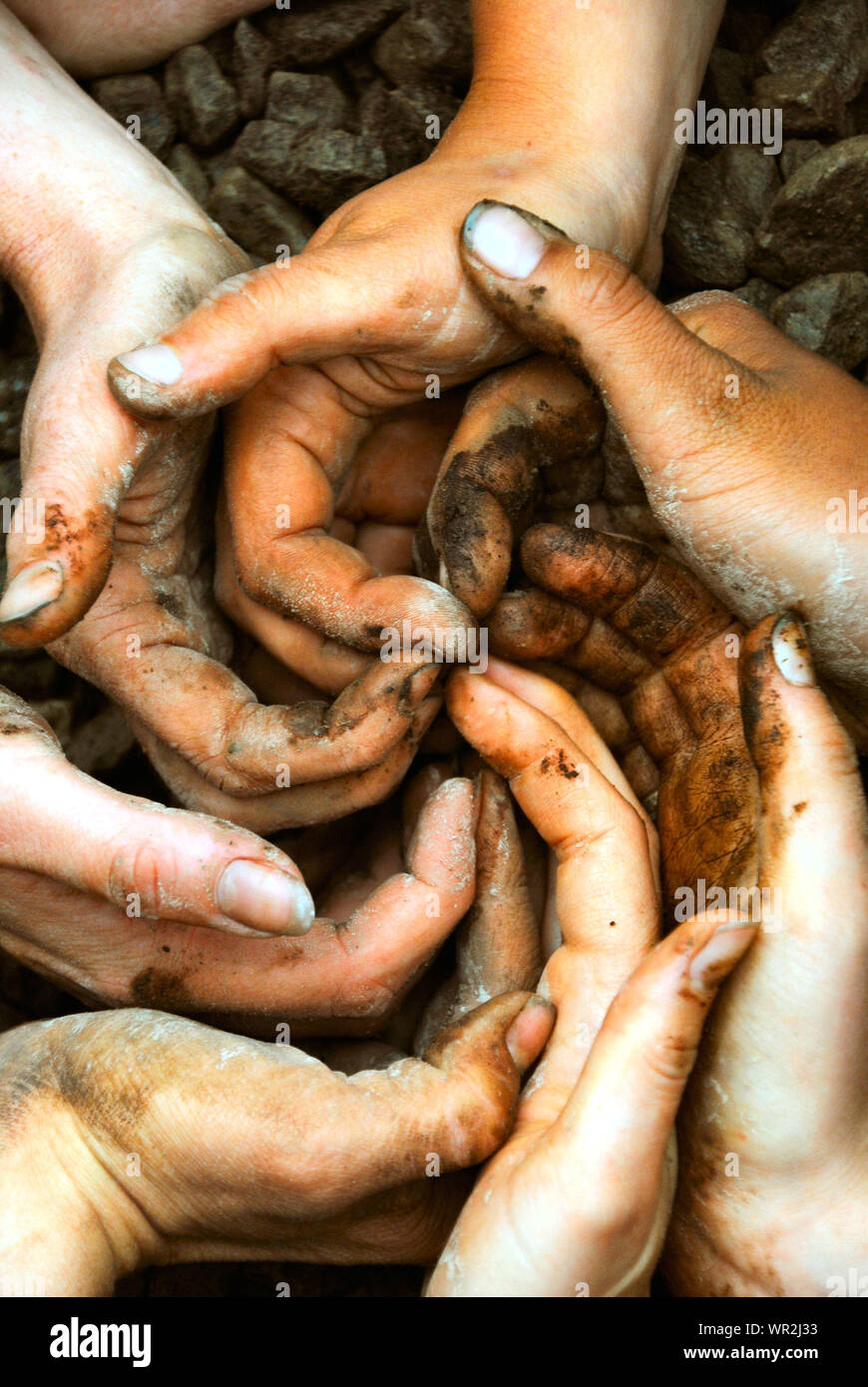 Eine Spirale der weißen Hände voll von braunen Schmutz und Erde inspirierende Zusammenarbeit, gemeinsam als Gruppe, in einem permakultur Workshop, in Quebec, Kanada Stockfoto