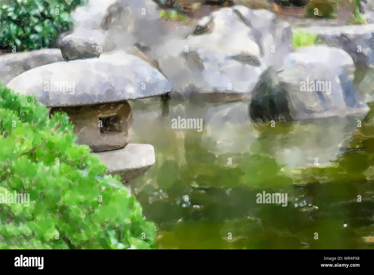 Aquarell Abbildung: Teich in einem japanischen Garten mit einem traditionellen Stein Laterne im Vordergrund, geringe Tiefenschärfe Stockfoto