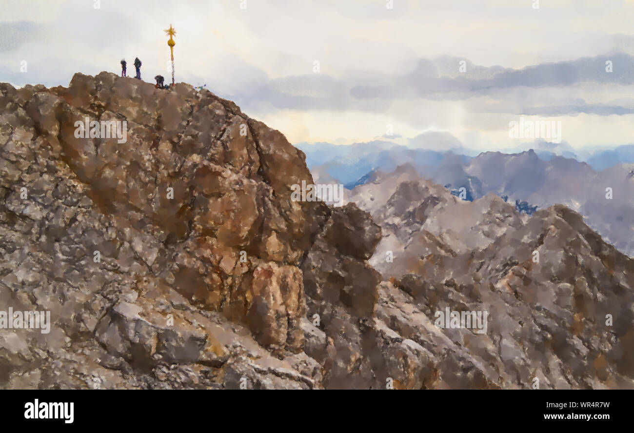 Watercolor Illustration: Zugspitze Gipfel mit den vergoldeten Gipfelkreuz und drei Bergsteiger in der Nähe der Deutschen Alpen Stockfoto