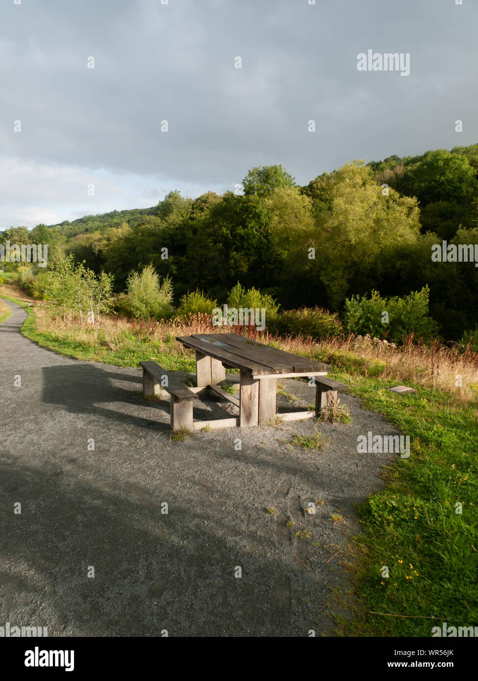 Hölzerne Picknickbank auf einem Fußweg in einem bewaldeten Tal Stockfoto