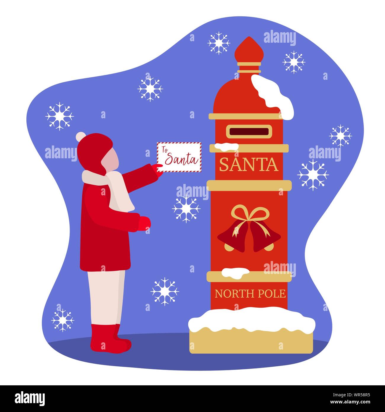 Frohes Neues Jahr 2020 Frohe Weihnachten Vector Illustration. Santa's Mailbox, Kind trägt einen Brief an den Weihnachtsmann. Mail Wunschliste. Design für Webseite, Stock Vektor