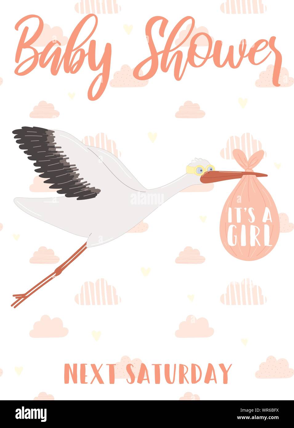Vector Abbildung: ein Storch mit einem rosafarbenen Tasche auf einem Hintergrund von Wolken. Bild für Mädchen. Konzept für Urlaub, Baby, Geburtstag, Wrapper, Prin Stock Vektor
