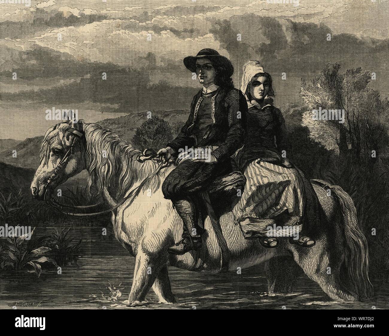 "Bretonischen Bauern wattiefe ein Stream". Frankreich. Pferde 1862 ILN volle Seite drucken Stockfoto