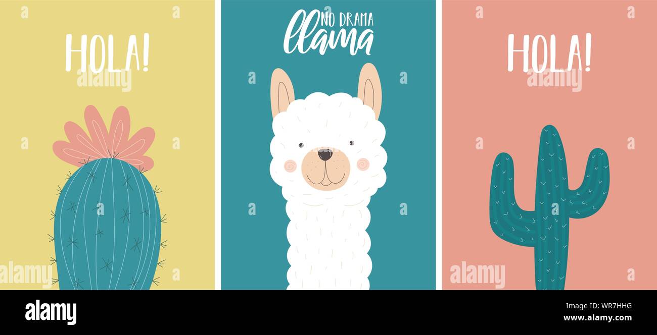 Sammlung von Vektor Karten mit einem niedlichen weißen Lama oder Alpaka und ein Kaktus. Abbildung auf Südamerikanischen Thema für Kinder, Karten, Einladung, Prin Stock Vektor