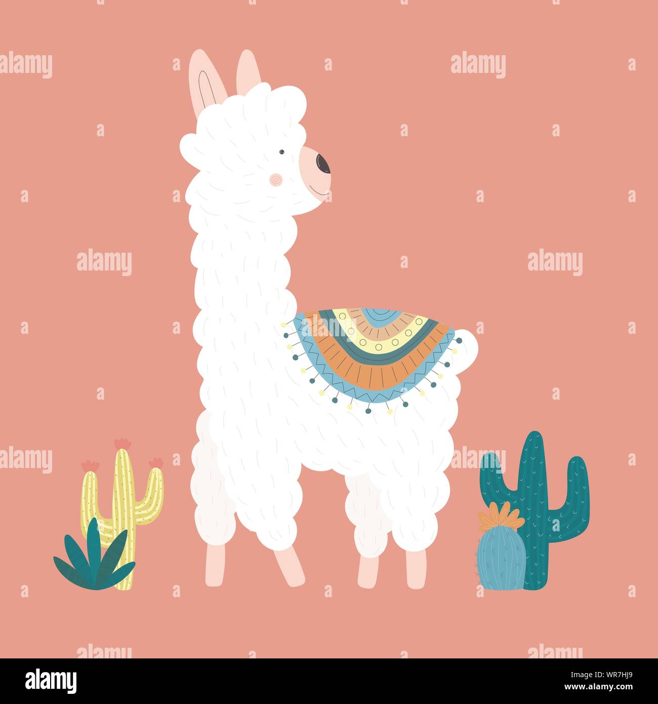 Vector Illustration eines niedlichen Lama oder Alpaka in der Kleidung mit nationalen Motiven und Kakteen auf einem rosa Hintergrund. Das Bild auf dem Südamerikanischen Thema fo Stock Vektor